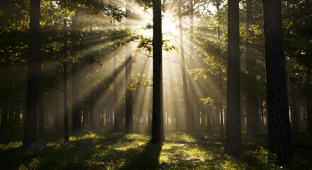 Fototapeta premium Sunbeams Illuminating Misty Forest Path