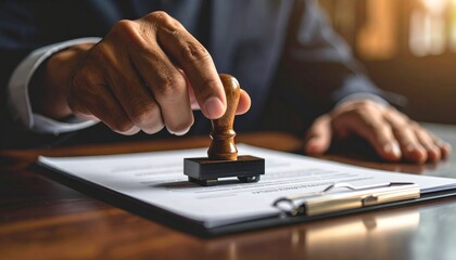 Stamping document on wooden desk. Light filters in from window. For legal, business context