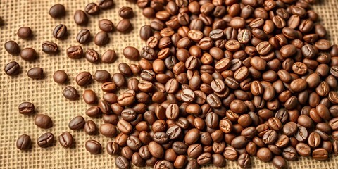 Fototapeta premium Rich brown coffee beans scattered on coarse burlap texture, close-up, vintage