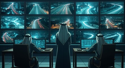 Three men in traditional Middle Eastern attire monitor a city's nighttime traffic flow from a sophisticated control center.