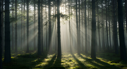 Sunbeams Illuminating Misty Pine Forest
