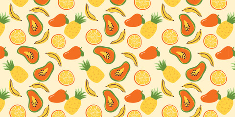 Tropical Fruit Background Pattern Seamless Summer Design. Perfect for summer-themed designs, fabric, wrapping paper,  stationery and digital backdrops.