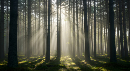 Sunbeams Illuminating a Misty Pine Forest