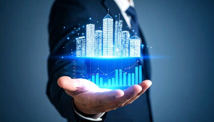 Exec holding city hologram, showing market growth charts. Concept for business strategy