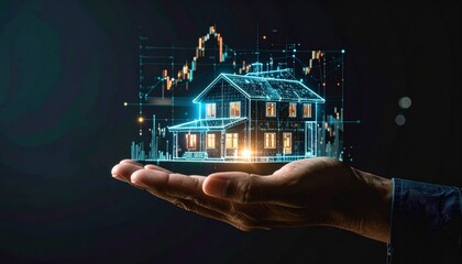 Holographic house held with rising market graph. Use for investment, real estate concepts