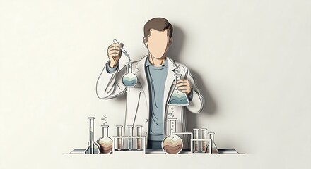 A male scientist in a lab coat conducts an experiment, using a dropper to mix chemicals in flasks. This papercraft illustration represents research, chemistry, and scientific discovery.