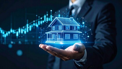 Man holds 3D home as market data rises. Future of real estate visualized for investments