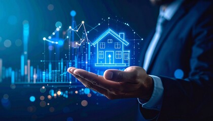 Hand holding house hologram, with stock charts. Real estate investment opportunity concept