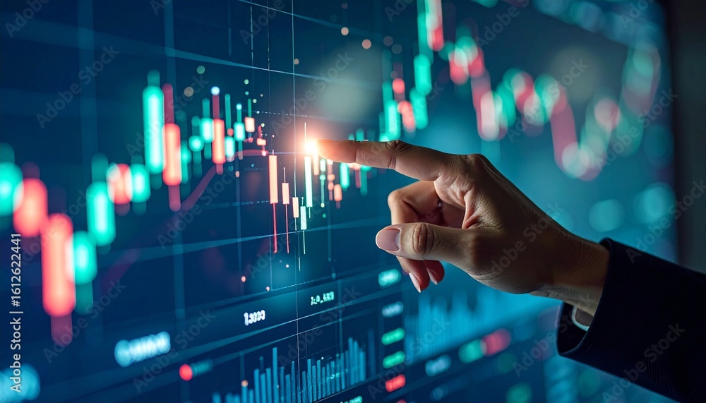 Poster hand points to data graphs on a screen, analyzing trends, in finance and trading applications