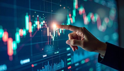 Hand points to data graphs on a screen, analyzing trends, in finance and trading applications