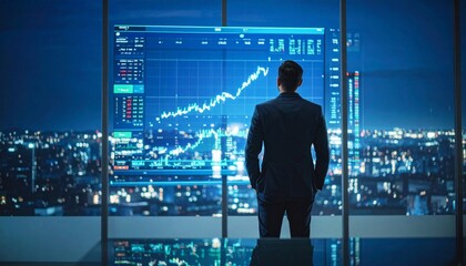 Investor watches stock charts in office w/ city lights at night. Use Finance website header