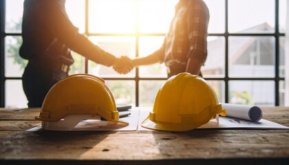 Builders shake hands; desk with helmets, blueprints in office, for construction site project