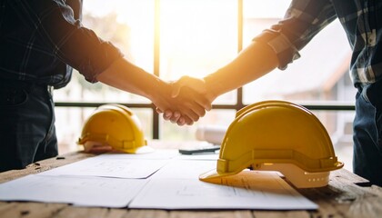Construction worker handshake at construction site after reviewing blueprint plans for a new project