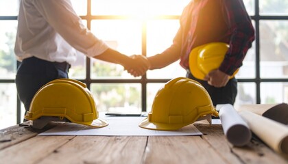 Construction team handshake over plans, window light, success, work progress. Stock