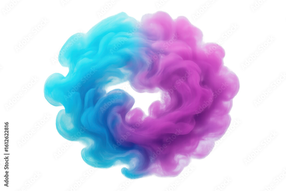 Poster vibrant blue and purple smoke intertwining, forming dynamic abstract circular pattern with transluce