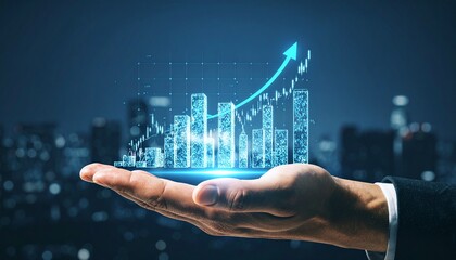 Hand holding a rising chart over city backdrop showing progress & future tech apps, report, forecast