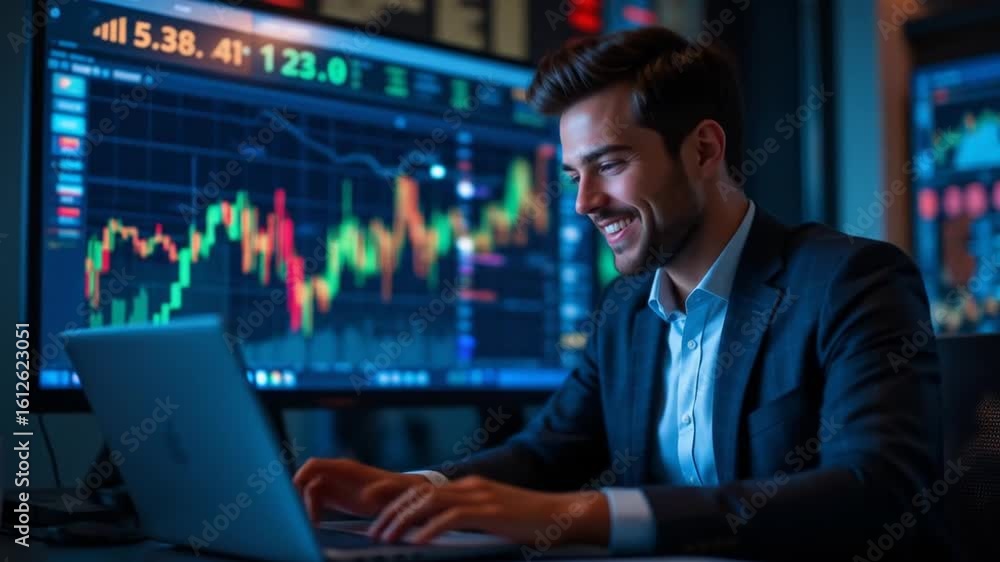 Poster successful stock trader smiling while analyzing market data on laptop screens