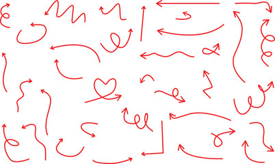 Hand-Drawn Arrow Icons –  Red Doodle Arrows in Curved, Wavy, Spiral, and Heart Shapes on White Background for Infographic and UI Design