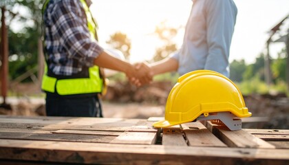Builders shake hands at sunny site; yellow helmet on lumber, unfinished structure in background