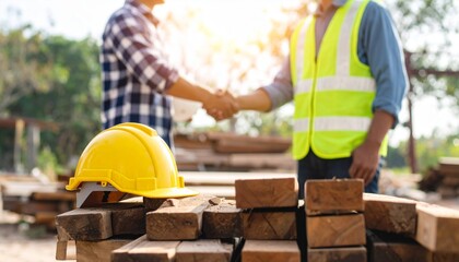 Builders shake hands at building site after a deal. Lumber piles visible in background