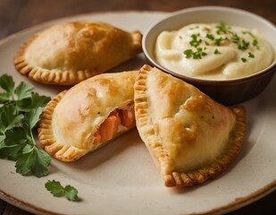 salmon empanadas on a plate served with creamy potatoes