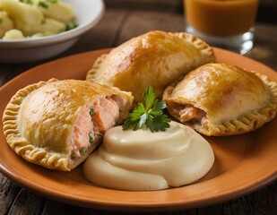salmon empanadas on a plate served with creamy potatoes