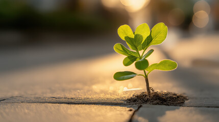 Young green plant growing through crack in pavement, sunlight, hope, resilience, urban nature