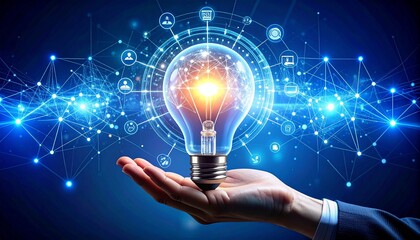 Idea Lightbulb in hand. Connections in background symbolize innovation, business use