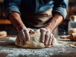 Hands kneading dough on floured table, rustic kitchen, warm light, homemade bread making
