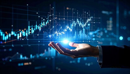 Hand presenting business growth graph with light; data analytics backdrop; for presentations
