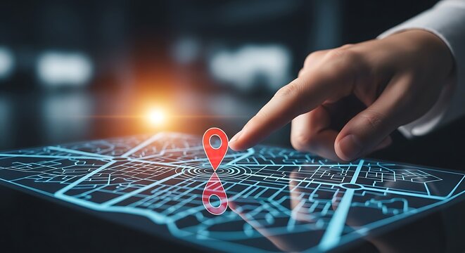 Dynamic digital map with location pin and touch interface for modern business navigation - Powered by Adobe