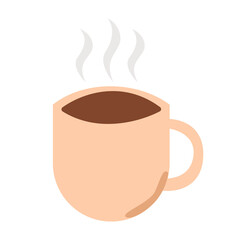 A steaming cup of brown coffee or hot chocolate with rising vapor.