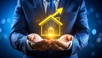 Executive presents home icon with upward arrow at a sale event, shiny blurred background