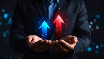 Business growth Hands lifting arrows amid bokeh background. Use Investment, market data