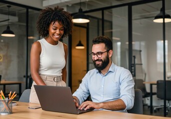 young couple using laptop in cafe steadicam shot, Smiling colleagues discussing ideas together at an office using a laptop