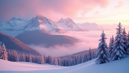 Snowy mountain peaks shrouded in a pink sunrise.