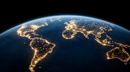 The image showcases a view of Earth from space at night, highlighting city lights across continents and connecting them in a network-like structure.
