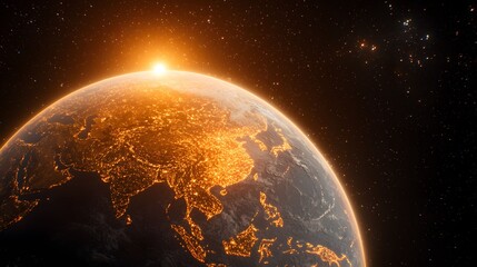 The image features a view of Earth from space, with the sun rising on the horizon and city lights illuminating Asia, all set against a backdrop of twinkling stars.