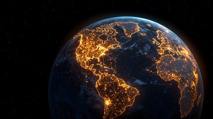 Earth is visible with glowing city lights against a starry black background, showcasing urbanization and global connectivity in a visually striking representation.