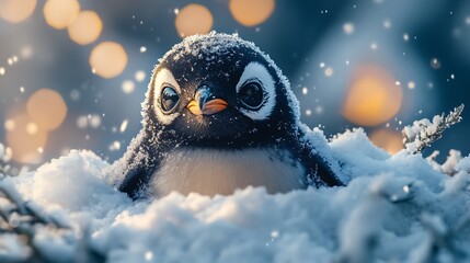 Penguin baby peeking from snow with glowing background high resolution picture