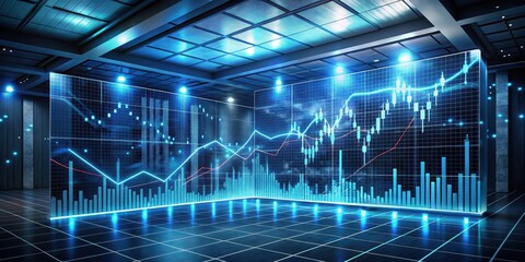 futuristic financial data analysis with glowing line graphs and charts in a dark room