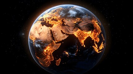 A high-resolution image presents a view of planet Earth from space, showcasing shimmering city lights defining continents and oceans, all set against a background of stars.