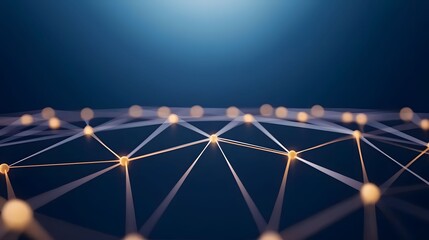The image shows a network of interconnected glowing golden spheres, connected by lines on a gradient blue background, creating a sense of interconnectedness and technology.