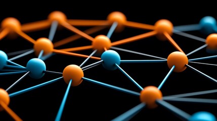 A close-up perspective showcases a conceptual structure with interconnected orange and blue spheres linked by thin rods against a plain black backdrop, emphasizing visual connections.