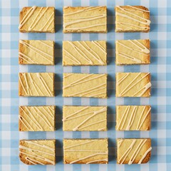  A neatly cut grid of shortbread-style "cookie bars," some plain, some with a delicate drizzle of icing, on a light blue checkered tablecloth.
