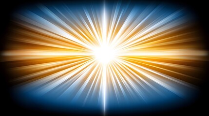 The image displays a bright, central burst of radiant light emanating from a focal point, with streaks of light in shades of golden yellow and cool blue extending outward.