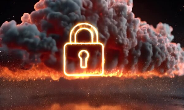 
A digital illustration of cloud security with an orange padlock and red glowing data stream on a dark background,