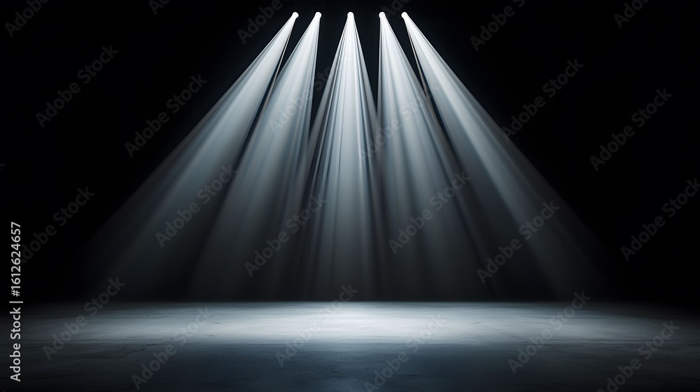 Poster the image features a stark contrast, showing bright spotlights shining down onto a concrete floor in