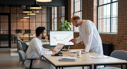 Two men in formal wear collaborate on financial data displayed on a computer screen in a modern .