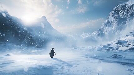 Penguin beneath cloud filled sky in antarctic zone high resolution picture